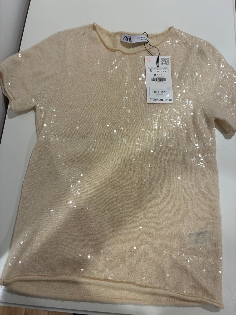 NWT Zara Sequinned Knit Top Vanilla Cream Wool Blend S